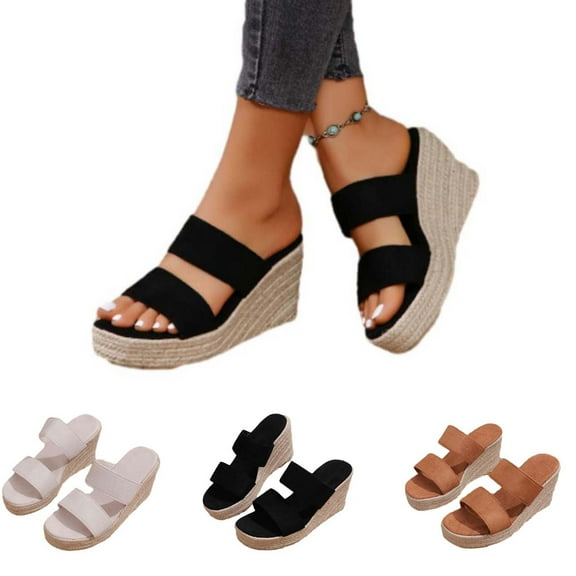 Agkizg Summer Wedge Sandals for Women Open Toe Thick Soles Slide Sandals Casual Slippers Beach Sandals Comfortable Shoes Black, Size 6