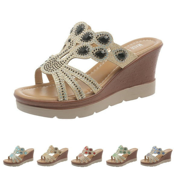 Agkizg Summer Wedge Sandals for Women Open Toe Thick Soles Slide Sandals Casual Slippers Beach Sandals Comfortable Shoes Gold, Size 7.5