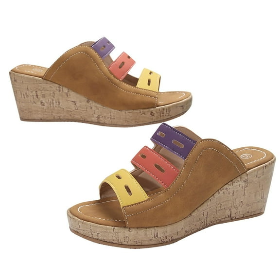 Agkizg Summer Wedge Sandals for Women Open Toe Thick Soles Slide Sandals Casual Slippers Beach Sandals Comfortable Shoes Khaki, Size 6