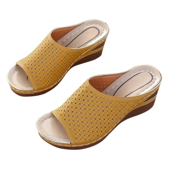 Agkizg Summer Wedge Sandals for Women Open Toe Thick Soles Slide Sandals Casual Slippers Beach Sandals Comfortable Shoes Yellow, Size 5.5