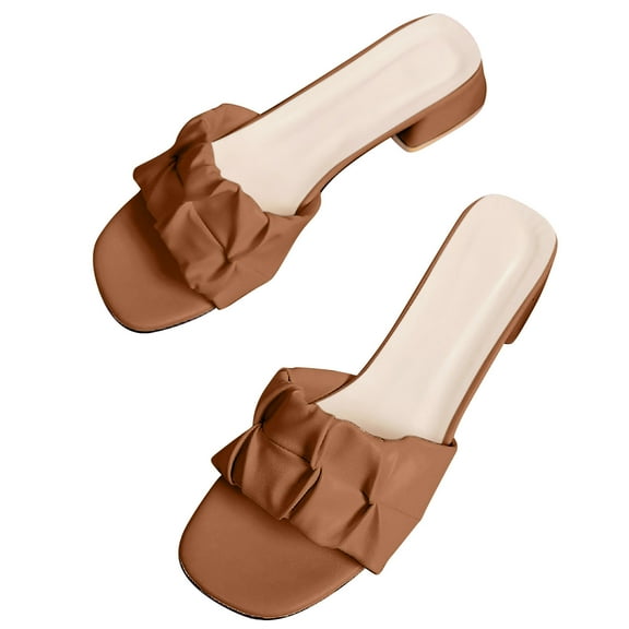 Agkizg Summer Women Sandals Low Heel Slide Sandals Casual Slippers Open Toe Beach Sandals Comfortable Shoes Khaki, Size 6.5
