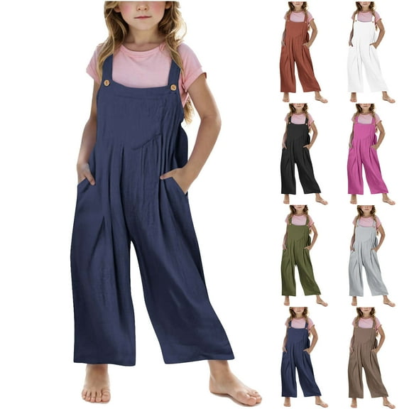 Agkizg Toddler Baby Girls Summer Jumpsuit, Sleeveless Casual Romper for Kids, Girls Overalls Kids Casual Sleeveless Wide Leg Jumpsuit Loose Rompers with Pockets, Sizes 5-14 Years