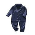 thumbnail image 1 of Agkizg Toddler Baby Girls Summer Pajama Sets,Sleepwear for Kids,Children's Silk Printed Home Clothing Color Ding Imitation Silk Long Sleeved V-neck Top and Pants Set Navy 5 Years, 1 of 3