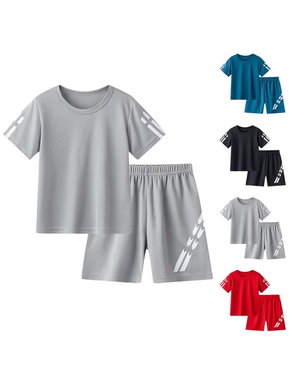 2PC Loose Fitting Short Sleeve Top Shorts Set Outdoor Sport Casual Summer Outfits (Boy's or Boy's Plus),2-Piece Set,Sizes 2-12 Years