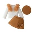 thumbnail image 1 of Agkizg Toddler Girls Outfit Sets Matching Sets for Kids Clothing Long Sleeve Mesh Ruffle Rib Knit Top Pearl Bow Short Skirt and Hat 3 Piece Girls Clothing Sets, 1 of 5