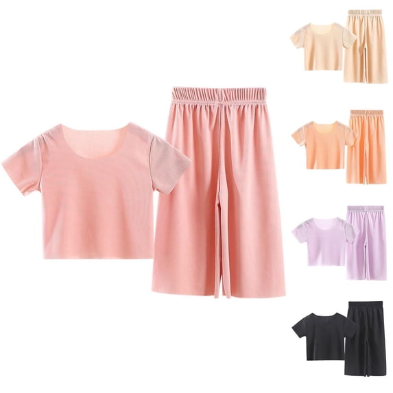 Agkizg 2PC Solid Ice Silk Short Sleeve Top Straight Leg Pants Set Cool Summer Outfits (Girl's or Girl's Plus),2-Piece Set,Sizes 2-12 Years