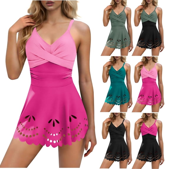 Agkizg Tummys Control One Piece Swimsuit,Modest Front Hollow Out Ruffle Hem Bathing Suits with Padded,Slimmings High Waist Full-Coveraged Swimwear (Women's)