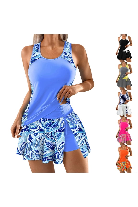 Two Piece Tankini Swimsuits with Skirt Fashion Two Piece Bikini Set Solid Color Slim Fitting Stretchy Bathing Suits for Summer Beach and Pool Swimsuits (Women's)