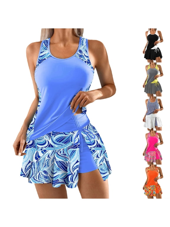 Two Piece Tankini Swimsuits with Skirt Fashion Two Piece Bikini Set Solid Color Slim Fitting Stretchy Bathing Suits for Summer Beach and Pool Swimsuits (Women's)