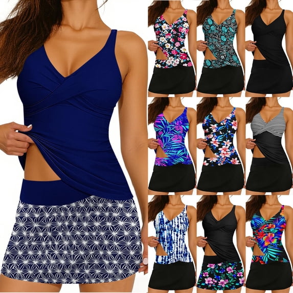 Agkizg Two Piece Tankini Swimsuits with Skirt Solid Color Padded Wireless V Neck Two Piece Swim Top and Bottom Bathing Suits for Beach and Pool Swimsuits (Women's)