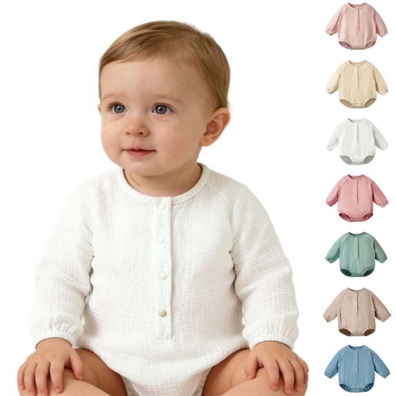 Agkizg Unisex Baby Muslin Gauze Long Sleeve Bodysuit, Half Button Cuff Sleeve Crew Neck Onesie, Lightweight Breathable Infant Fall Laywear