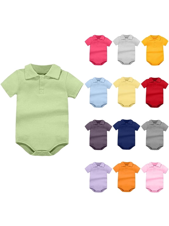 Unisex Baby Solid Collar Short Sleeve Bodysuit, 2 Button Placket Soft Knit Onesie, Infant Summer Daily Underwears