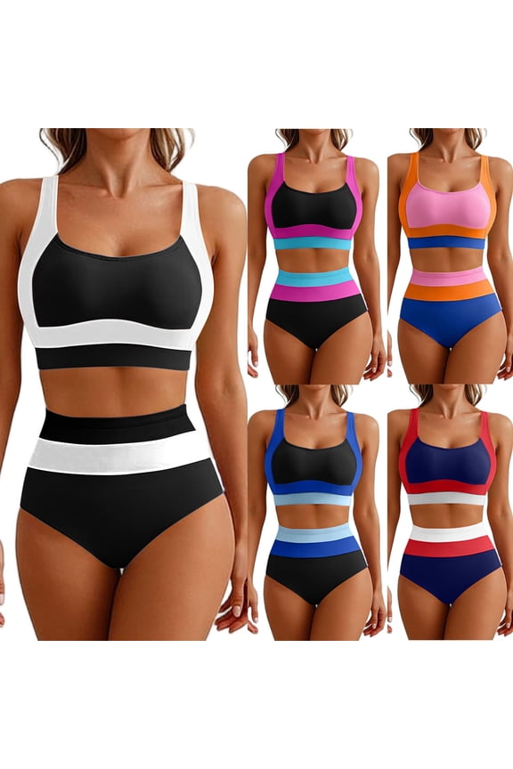 V Neck Color Blocked Bikini Set,Adjustable Back Clasp Wireless Padded Two Piece Swimsuit,Slim Fitting Split Bathing Suits (Women's)