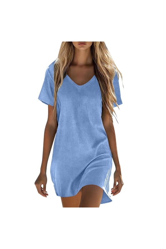 V-Neck Short Sleeve Dress with Pockets Cotton Linen Casual Comfortable Summer Midi Dress (Women's or Women's Plus),Sizes S