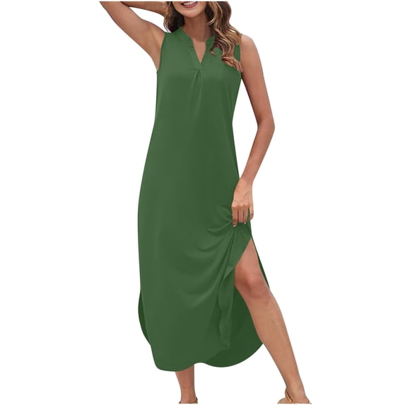 Agkizg V-Neck Sleeveless Sundress Loose Fitting Solid Color Casual Summer Beach Flowy Midi Dress (Women's or Women's Plus),Sizes L