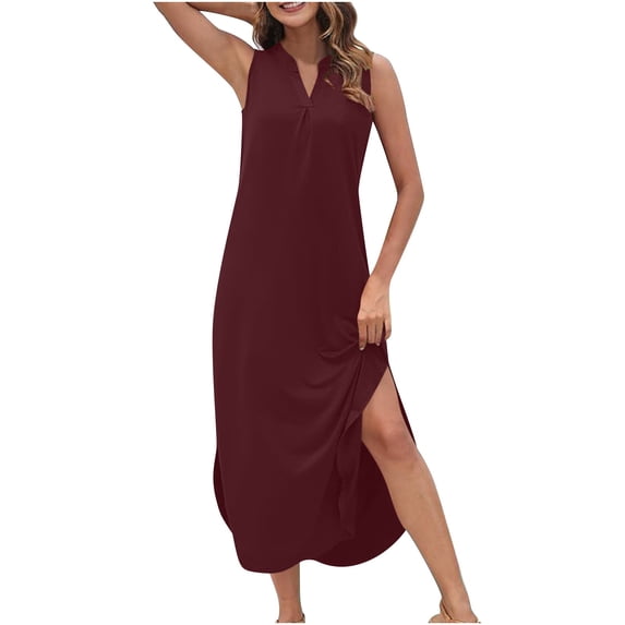 Agkizg V-Neck Sleeveless Sundress Loose Fitting Solid Color Casual Summer Beach Flowy Midi Dress (Women's or Women's Plus),Sizes XXL