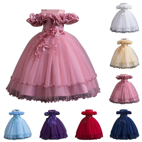 Agkizg Wedding Dress for Girls Short Sleeve Dresses Crewneck Solid Color Formal Dresses A Line Flower Girl Princess Dresses for Birthday Party