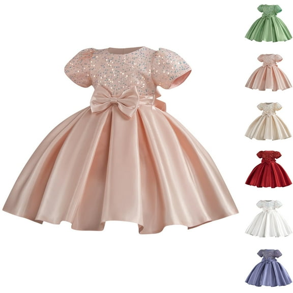 Agkizg Wedding Dress for Girls Short Sleeve Dresses Crewneck Solid Color Formal Dresses A Line Flower Girl Princess Dresses for Birthday Party