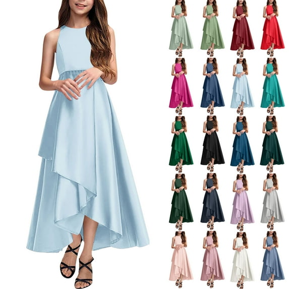 Agkizg Wedding Dress for Girls Sleeveless Tank Dresses Crewneck Solid Color Formal Dresses A Line Flower Girl Princess Dresses for Birthday Party