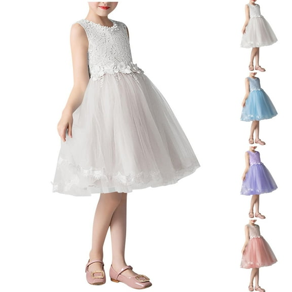Agkizg Wedding Dress for Girls Sleeveless Tank Dresses Crewneck Solid Color Formal Dresses A Line Flower Girl Princess Dresses for Birthday Party