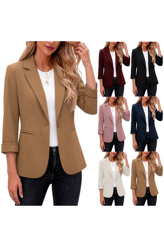Women Blazer Jacket 3/4 Sleeve Slim Fitting Solid Business Office Interview Short Outerwear Coat with Inset Pockets