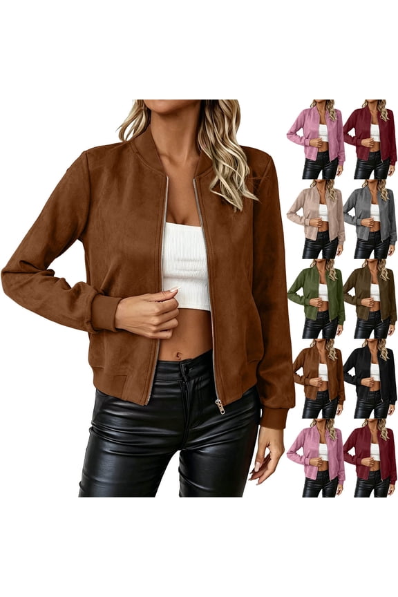 Women Faux Suedes Cropped Flight Jacket Stand Rib Collar Full Zip Rib Cuff Hem Vintage Lightweight Short Loose Fitting Fall Casual Streetwear Outerwear Coat