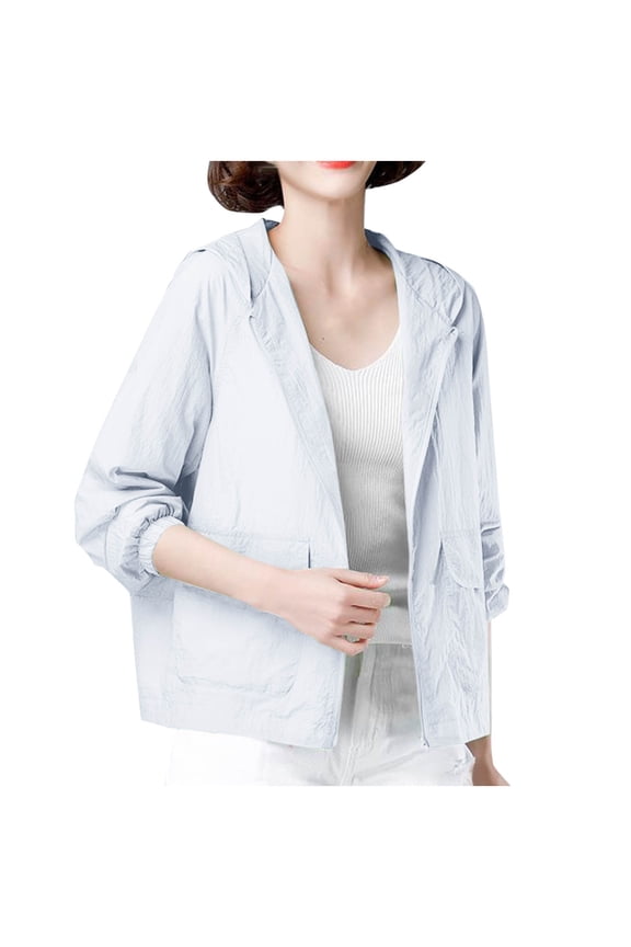 Women Lightweight Crinkle Textured Sun Protection Hooded Jacket Full Zip Elastic Cuff Loose Short Fitting Summer Casual Beach Outdoor Cover Up Outerwear with Patch Pockets