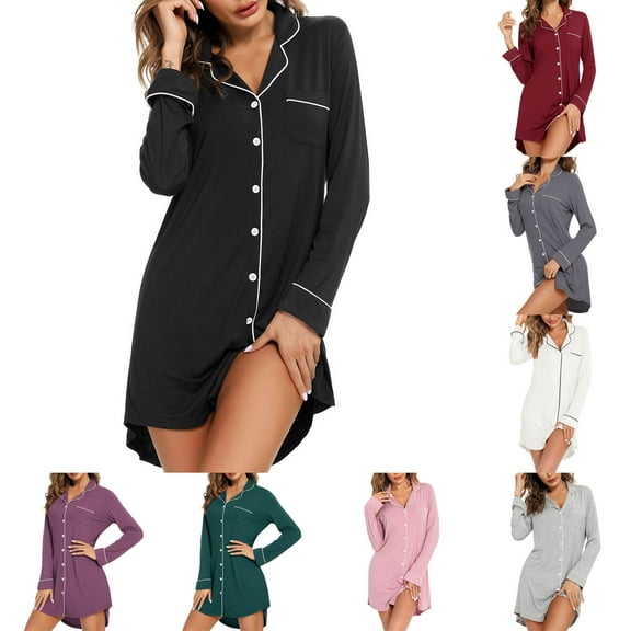 Agkizg Women Long Sleeve Nightgown Solid Color V-Neck Buttons Sleepshirt Soft Comfortable Night Gown Dress Casual Sleepwear Homewear, Sizes S-2XL