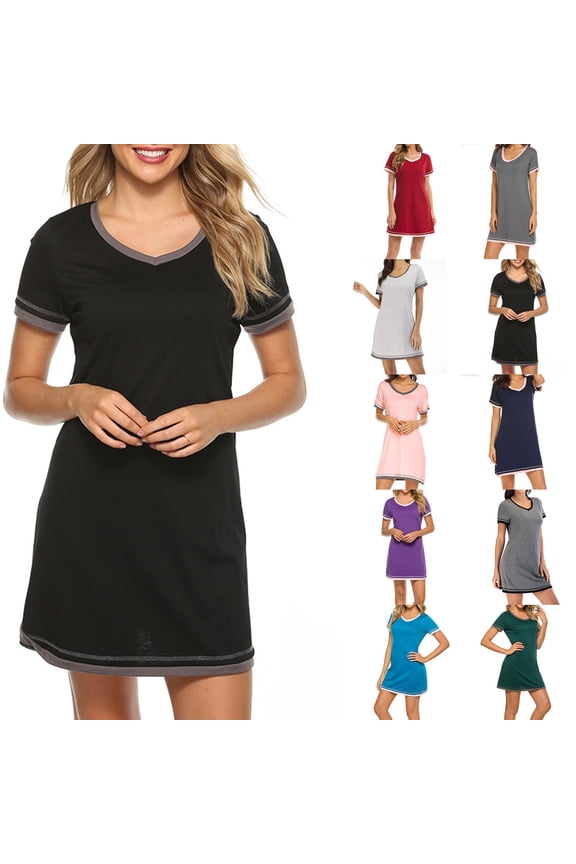 Women Short Sleeve Nightgown Solid Color Round Neck Sleepshirt Soft Comfortable Night Gown Dress Casual Sleepwear Homewear, Sizes S-2XL