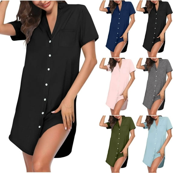 Agkizg Women Short Sleeve Nightgown Solid Color V-Neck Buttons Sleepshirt Soft Comfortable Night Gown Dress Casual Sleepwear Homewear, Sizes S-2XL