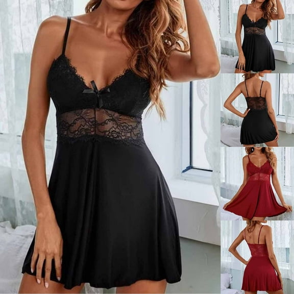 Agkizg Women Sleeveless Nightgown Camis Silk Satin V-Neck Lace Loungewear Casual Nightdress Pajamas Soft Comfortable Sleepwear Homewear, Sizes S-3XL