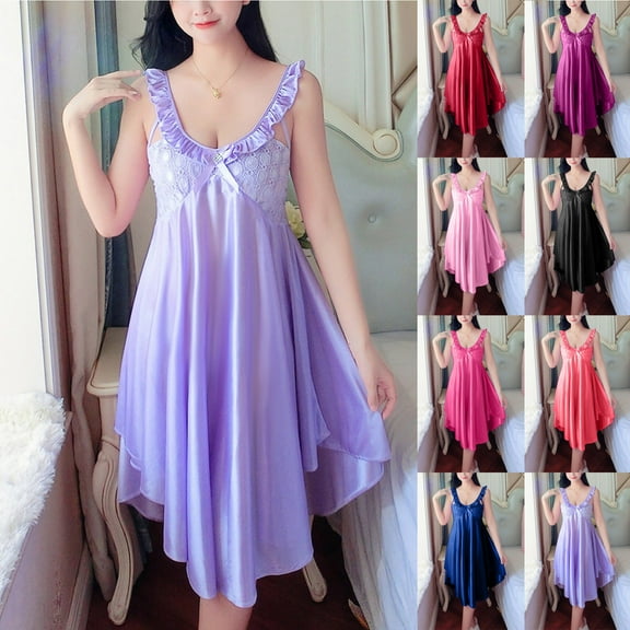 Agkizg Women Sleeveless Nightgown Camis Silk Satin V-Neck Lace Loungewear Casual Nightdress Pajamas Soft Comfortable Sleepwear Homewear, Sizes S-L