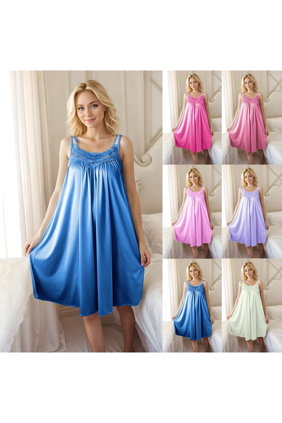 Women Sleeveless Nightgown Camis Silk Satin V-Neck Lace Loungewear Casual Nightdress Pajamas Soft Comfortable Sleepwear Homewear, Sizes XS-S