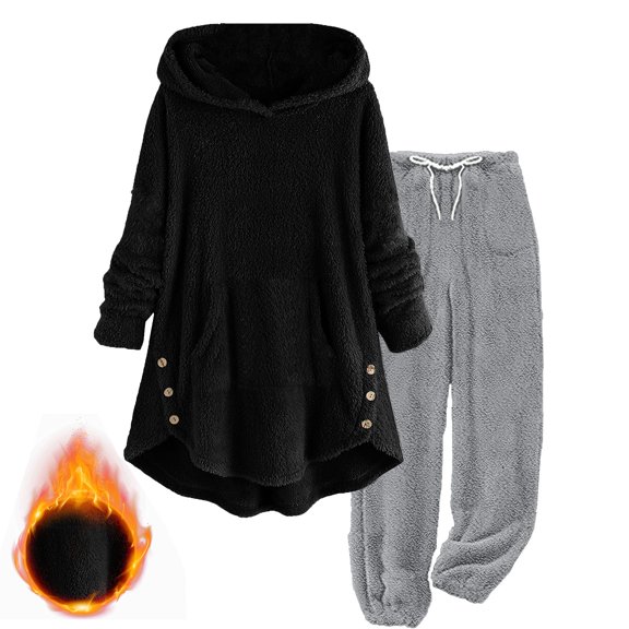 Agkizg Women's 2 Piece Fleece Lined Warm Set,Women's Plus Size Winter Matching Sets,2PC Solid Color Double-Sided Fleece Outfit Hooded Long Sleeve Top and Loose Fitting Pants Warm Casual Set Pants