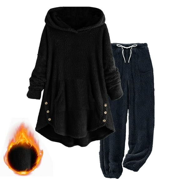 Agkizg Women's 2 Piece Fleece Lined Warm Set,Women's Plus Size Winter Matching Sets,2PC Solid Color Double-Sided Fleece Outfit Hooded Long Sleeve Top and Loose Fitting Pants Warm Casual Set Pants