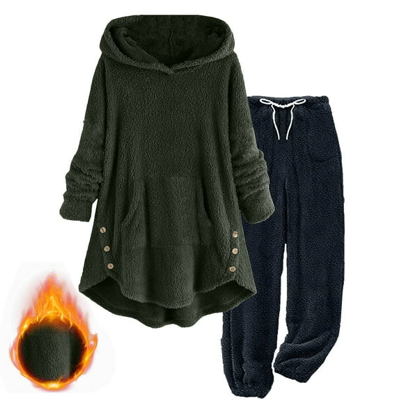 Agkizg Women's 2 Piece Fleece Lined Warm Set,Women's Plus Size Winter Matching Sets,2PC Solid Color Double-Sided Fleece Outfit Hooded Long Sleeve Top and Loose Fitting Pants Warm Casual Set Pants