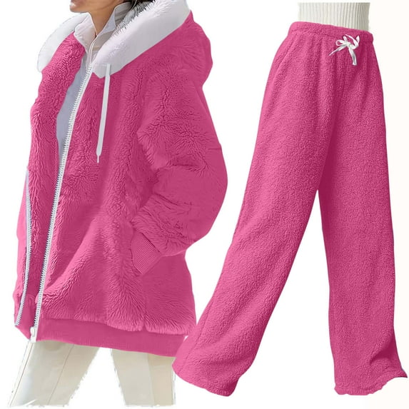 Agkizg Women's 2 Piece Fleece Lined Warm Set,Women's Plus Size Winter Matching Sets,Hooded Jacket Pants Long Sleeve Zipper Pockets Elastic Waist Solid Color Loose Fitting Loungewear Pants