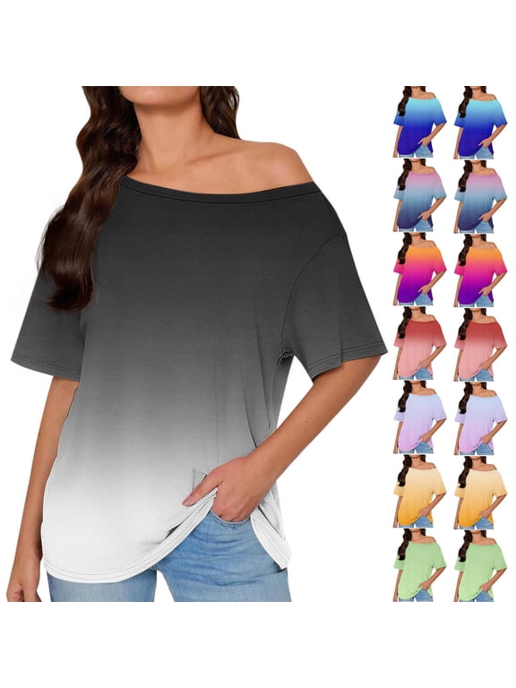 Women's Asymmetrical Off Shoulder Short Sleeve Top Loose Fitting Soft Cozy Loungewear Blouse