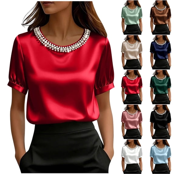 Agkizg Women's Blouse Crew Neck Short Sleeve Pearl Detail Solid Color Office Top