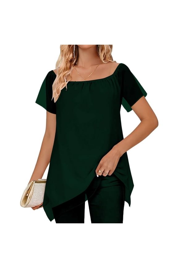 Women's Chiffon Off The Shoulder Short Sleeve Top Elegant Asymmetrical Hem Solid Color Casual Blouse