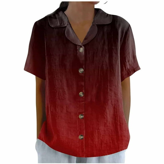 Agkizg Women's Collared Short Sleeve T Shirt Loose Fitting Slub Linen ...