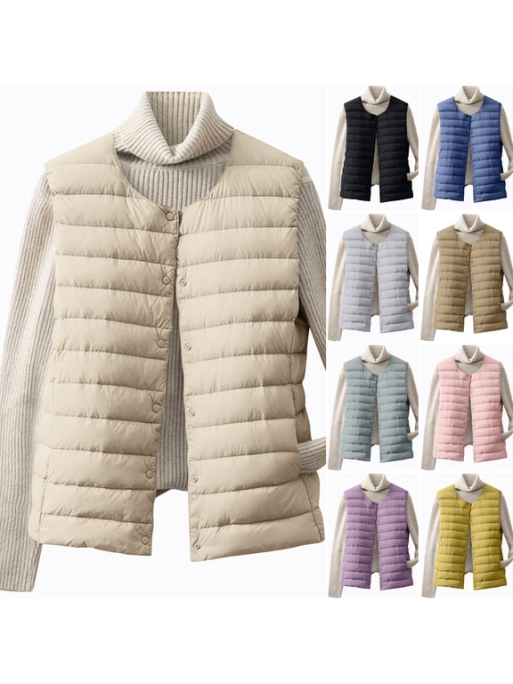 Women's Collarless Lightweight Quilted Vests, Button Front Padded Sleeveless Gilet, Thin Insulated Winter Layering Top with Pockets, Casual Short Vests for Fall