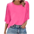 thumbnail image 1 of Agkizg Women's Crew Neck 3/4 Sleeve Blouse Chiffon Ruffled Flare Sleeve Ruched Back Button Solid Color Top, 1 of 5