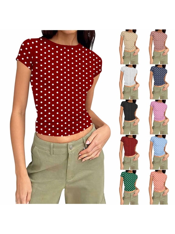 Women's Crew Neck Short Sleeve Crop Top Fitted Stretchy Random Print Casual Daily Fashion Basic Top