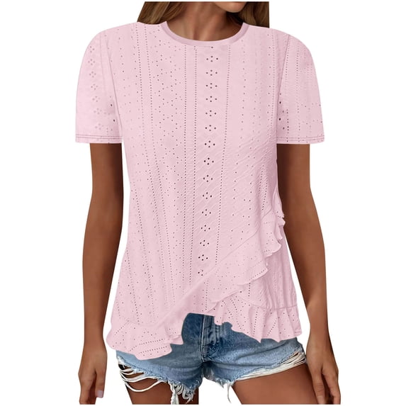 Agkizg Women's Crew Neck Short Sleeve T Shirt Solid Color Irregular Ruffled Hem Casual Basic Top