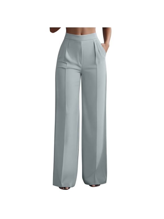 Women's Fall Winter Pants, Solid Stretch Wide Leg Trousers High Waist Straight Cut Casual Work Pants with Side Pockets