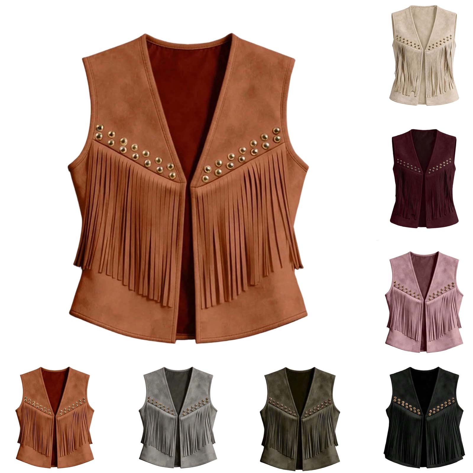 Agkizg Women's Faux Suedes Vests Fringe with Rivets V-Neck Sleeveless ...