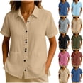 thumbnail image 1 of Agkizg Women's Linen Cottons Collar Short Sleeve Blouse Solid Color Button Summer Casual Top, 1 of 5