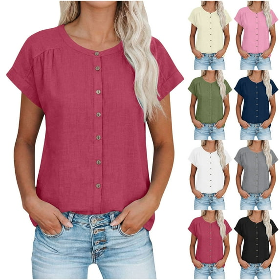 Agkizg Women's Linen Cottons Raglan Sleeve Short Sleeve Top Solid Color Button Down Casual Fashion Basic Blouse