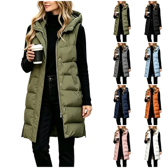 Agkizg Women's Long Hooded Puffer Vests, Sleeveless Quilted Gilet, Full Zip Up Warm Winter Outerwear with Side Pockets, Casual Longline Vests for Fall Winter